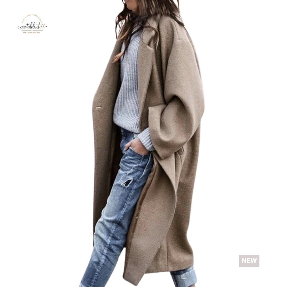 Oversized Wool Blend Trench Coat, Notched Collar, Midi Length, Double Breasted
